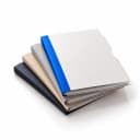Several closed folders fanned out, the top one with a blue spine