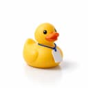 A yellow rubber duck wearing a small luggage tag on a blue string